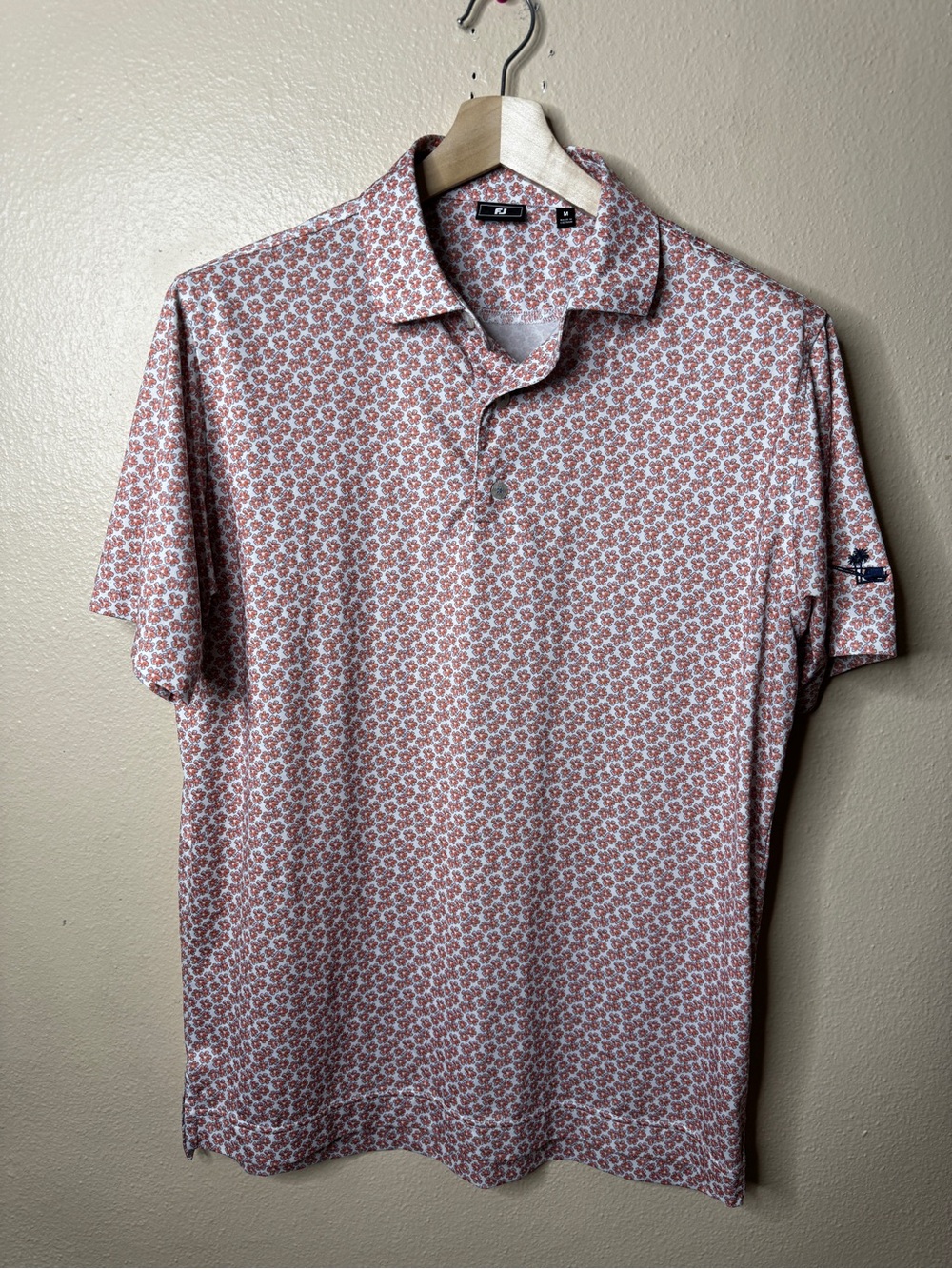 FootJoy FJ Men’s Medium Floral Print Golf Polo Shirt Orange Blue Short Sleeve